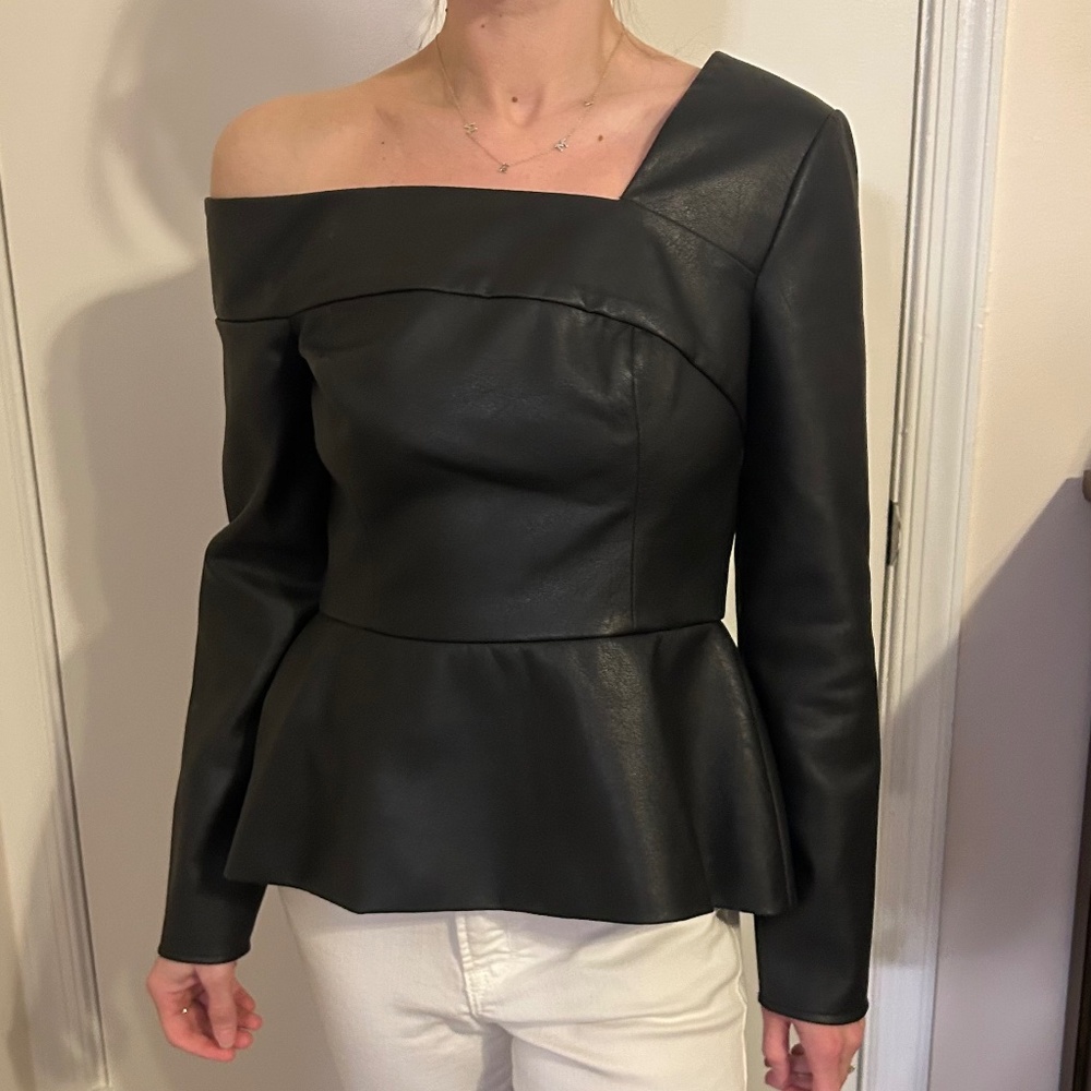 BCBGMaxAzria Black Leather Peplum Top